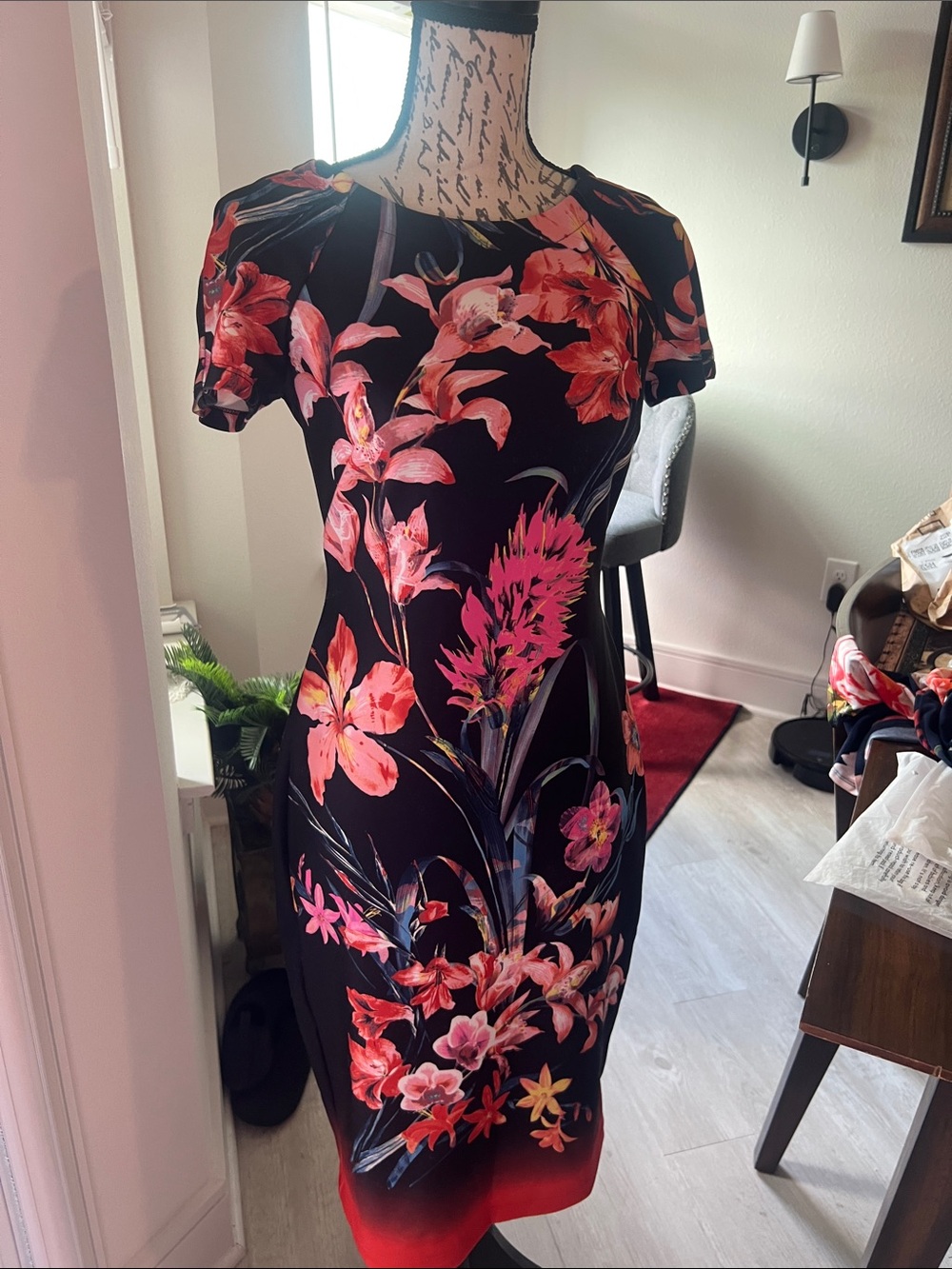 Black Midi Dress with Pink Floral Print